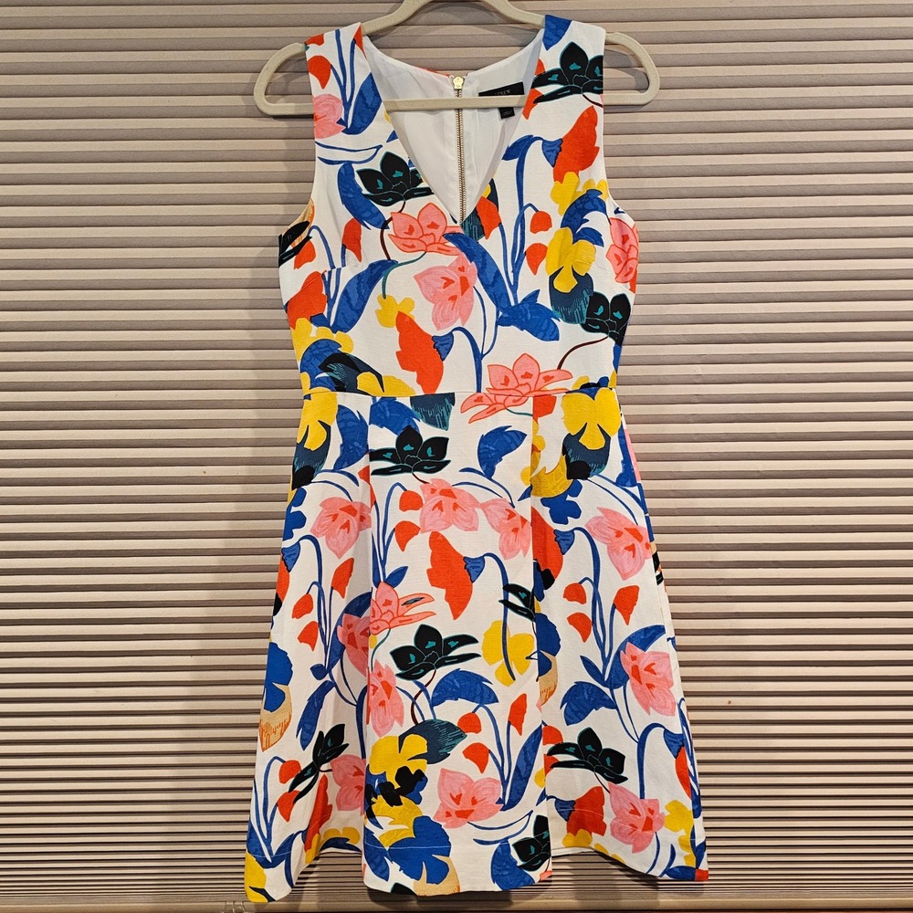 J.Crew Floral V-Neck Fit & Flare Dress Lyocell Linen White Multi‎ F3061 4